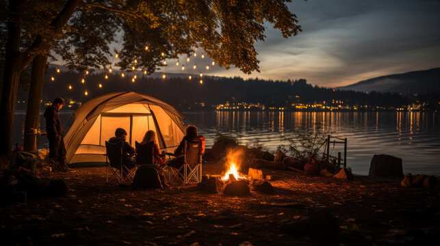 Caucasian family camping in a forest next to a lake at night with tent and campfire