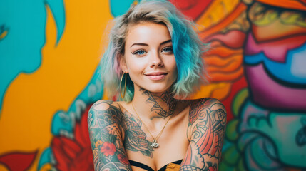 Portrait of a young caucasian tattooed happy woman on colorful background - obrazy, fototapety, plakaty