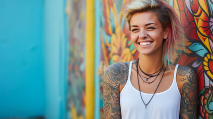 Portrait of a young caucasian tattooed happy woman on colorful background - obrazy, fototapety, plakaty