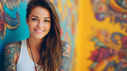 Fototapeta premium Portrait of a young caucasian tattooed happy woman on colorful background