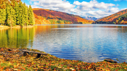 mountainous landscape by the lake. forested hills in fall colors. colorful countryside scenery on a sunny day in autumn