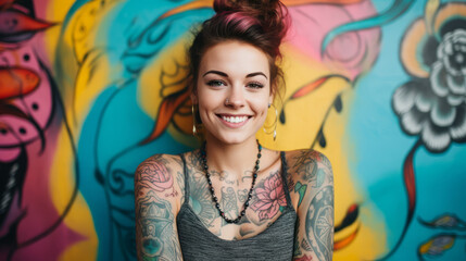 Obraz premium Portrait of a young caucasian tattooed happy woman on colorful background