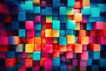 Intriguing and dynamic abstract composition featuring a vibrant array of colorful cubes or squares artfull