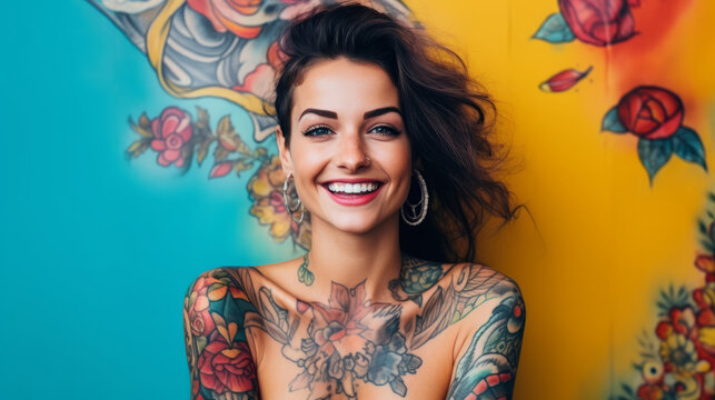 Portrait of a young caucasian tattooed happy woman on colorful background