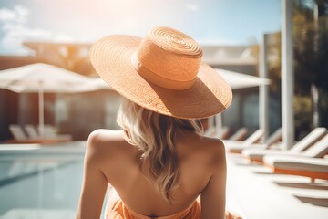 girl in a wide-brimmed hat sits near the pool