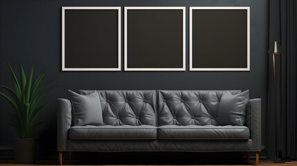 Frame mockup in modern classic living room interior background, 3D render, classic style sofa, dark walls