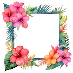 square frame of watercolor tropical flowers and leaves on white background.
