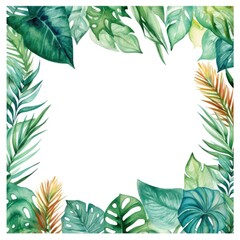 square frame of watercolor tropical green leaves on white background