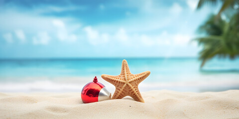 Fototapeta na wymiar Christmas decorations on the beach, concept of tropical christmas background