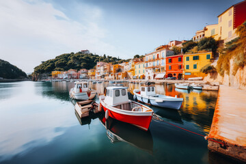 Baeutiful landscape of the harbor with colorful houses and the boats in Porto Venero, Italy, Liguria