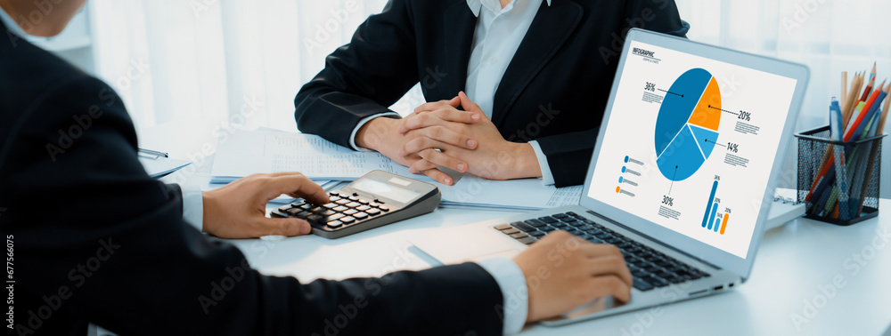 Poster business intelligence analyst team use bi software on laptop to analyze financial data dashboard. bu
