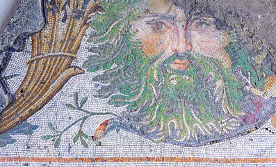 Green-bearded man face, fragment of ancient mosaic from Istanbul. Byzantine period, fragment of floor - obrazy, fototapety, plakaty