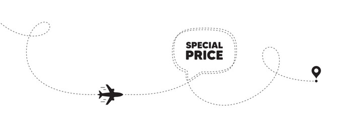 Special price tag. Plane travel path line banner. Sale sign. Advertising Discounts symbol. Special price speech bubble message. Plane location route. Dashed line. Vector