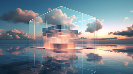 Creative cloud concept in glass cube Cloudscape digital metaverse infrastructure