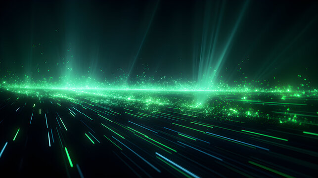 3d Abstract neon wallpaper. Glowing green dynamic lines over black background. Light drawing trajectory