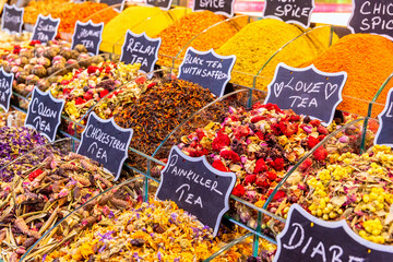 Herbal tee. Various sorts of tea and spices at Egypt Bazaar (Misir Carsisi) in Istanbul, Turkey (Turkiye). Selected focus, copy space, colorful set of spices