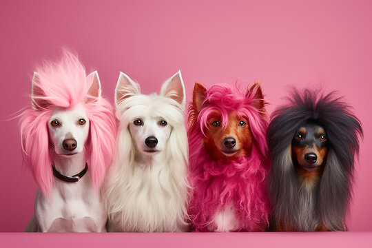 Cute well-groomed fluffy dogs on a pink background. pet store and veterinary clinic concept