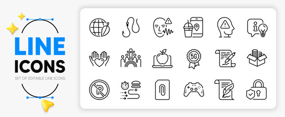 5g technology, Gamepad and Hold heart line icons set for app include Feather, Laptop, Inclusion outline thin icon. Lamp, Environment day, Hook pictogram icon. Food app, Security lock. Vector