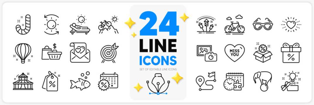 Icons set of Candy, Creative idea and Puzzle time line icons pack for app with Discount tags, Heart, Sun protection thin outline icon. Sunglasses, Discount offer, Lounger pictogram. Vector