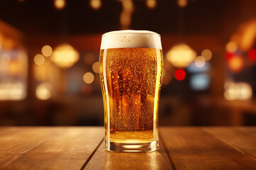 Glass of beer with foam on bar background with space for text - obrazy, fototapety, plakaty