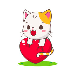 Cute Cat cartoon character holding love heart. Chibi Adorable animal concept design. Isolated white background. Vector art illustration.