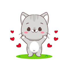 Cute Cat cartoon character waving hand. Chibi Adorable animal concept design. Isolated white background. Vector art illustration.