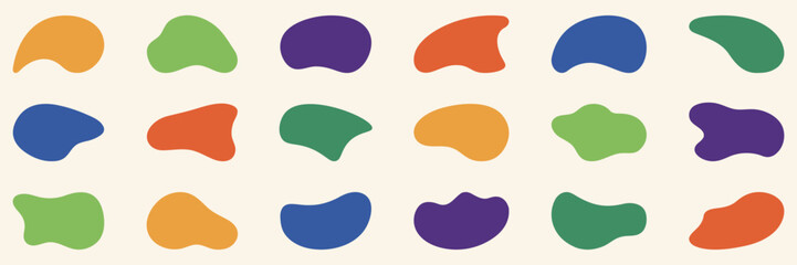 Organic Random Irregular Form. Blob, Color Amoeba Set. Fluid Amorphous Shape Collection. Liquid Round Blotch. Asymmetric Dynamic Bubbles, Abstract Design Element. Isolated Vector Illustration