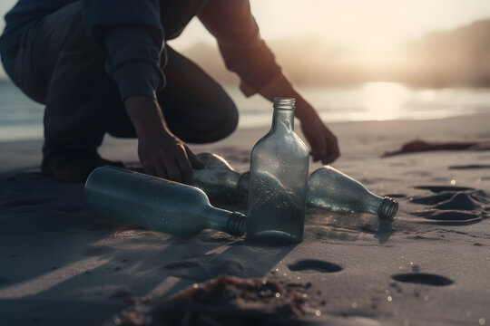 A man removes plastic bottles on the beach. 