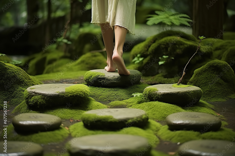 Poster A pair of bare feet gently step on moss-covered stones, making a path through a peaceful Zen garden filled with greenery