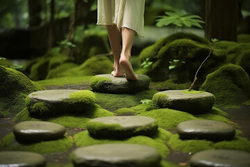 A pair of bare feet gently step on moss-covered stones, making a path through a peaceful Zen garden filled with greenery - Powered by Adobe