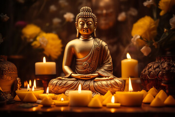 A golden Buddha statue sits serenely, surrounded by flickering candles and wisps of incense smoke,...