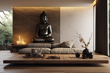 A living room showcases minimalistic design elements strongly influenced by Zen aesthetics, emphasizing simplicity and functional beauty