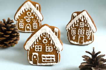 Gingerbread cookies with white icing with natural cones on a gray background. Food art style. The concept of festive food. Horizontal orientation.
