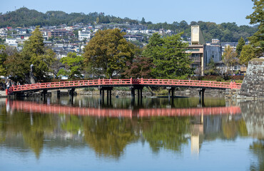 Matsumoto castle with red bridge in spring 10 12 2023