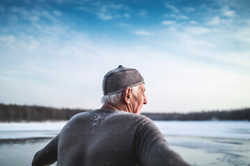 Senior citizen swims in ice-cold water, ice bathing, cold therapy, immune system