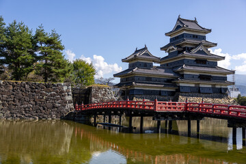 Matsumoto castle with red bridge in spring 10 12 2023
