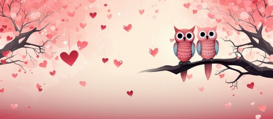 In this cute cartoon wedding illustration an adorable owl couple stands under a blossoming tree in the spring With hearts floating in the air and leaves falling gently their love is celebrat