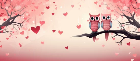 Fotobehang In this cute cartoon wedding illustration an adorable owl couple stands under a blossoming tree in the spring With hearts floating in the air and leaves falling gently their love is celebrat © TheWaterMeloonProjec