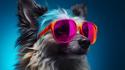 Fictional Fun: Dog-Wearing Vibrant Cooling Glasses Against a Colorful Backdrop