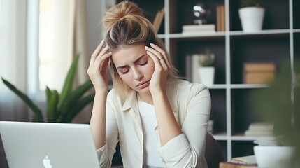 Tired girl in the office at her laptop with a headache. Not feeling well. Stress at work