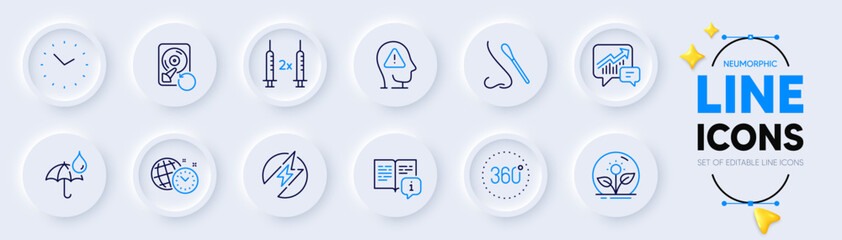 Recovery hdd, 360 degrees and Time line icons for web app. Pack of Electric energy, Mental health, Manual pictogram icons. Coronavirus vaccine, Time management, Incubator signs. Vector