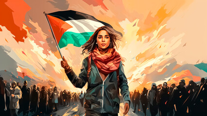 Woman with Palestine flag protesting for a free Palestine.