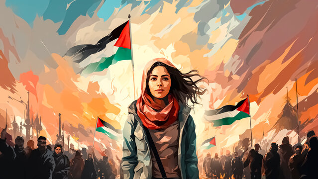 Woman with flag of Palestine waving in the wind. Free Palestine.