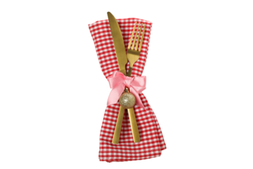 PNG,gold cutlery with a bow, isolated on white background