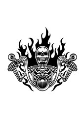 Biker Skull Illustration, Motorbike Skeleton Cutfile, Motorbiker Dad Stencil, Sports Dad Clipart, Hot Rider, Biker on Flames, Motorsports on Fire, Big Bike Rally Vector