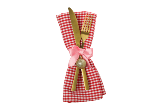 PNG,gold cutlery with a bow, isolated on white background