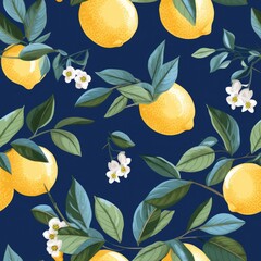seamless pattern of lemons, leaves and flowers on blue background