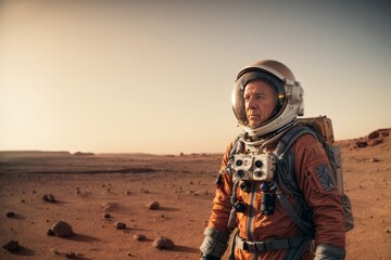 Close-up of an elderly male astronaut wearing an orange spacesuit in the planet Mars. Copy space.