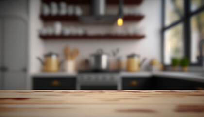 Wooden table top in a blurred kitchen room background. Empty wooden table and a blurred kitchen background. Can be used to showcase or montage your products.