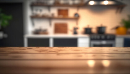 Wooden table top in a blurred kitchen room background. Can be used to showcase or montage your products.
